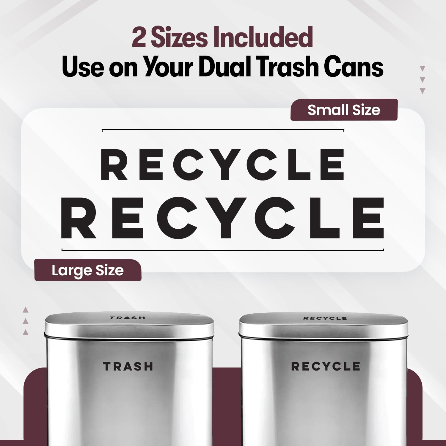 Sleek black vinyl trash and recycle stickers, available in two sizes, designed for long-term use.