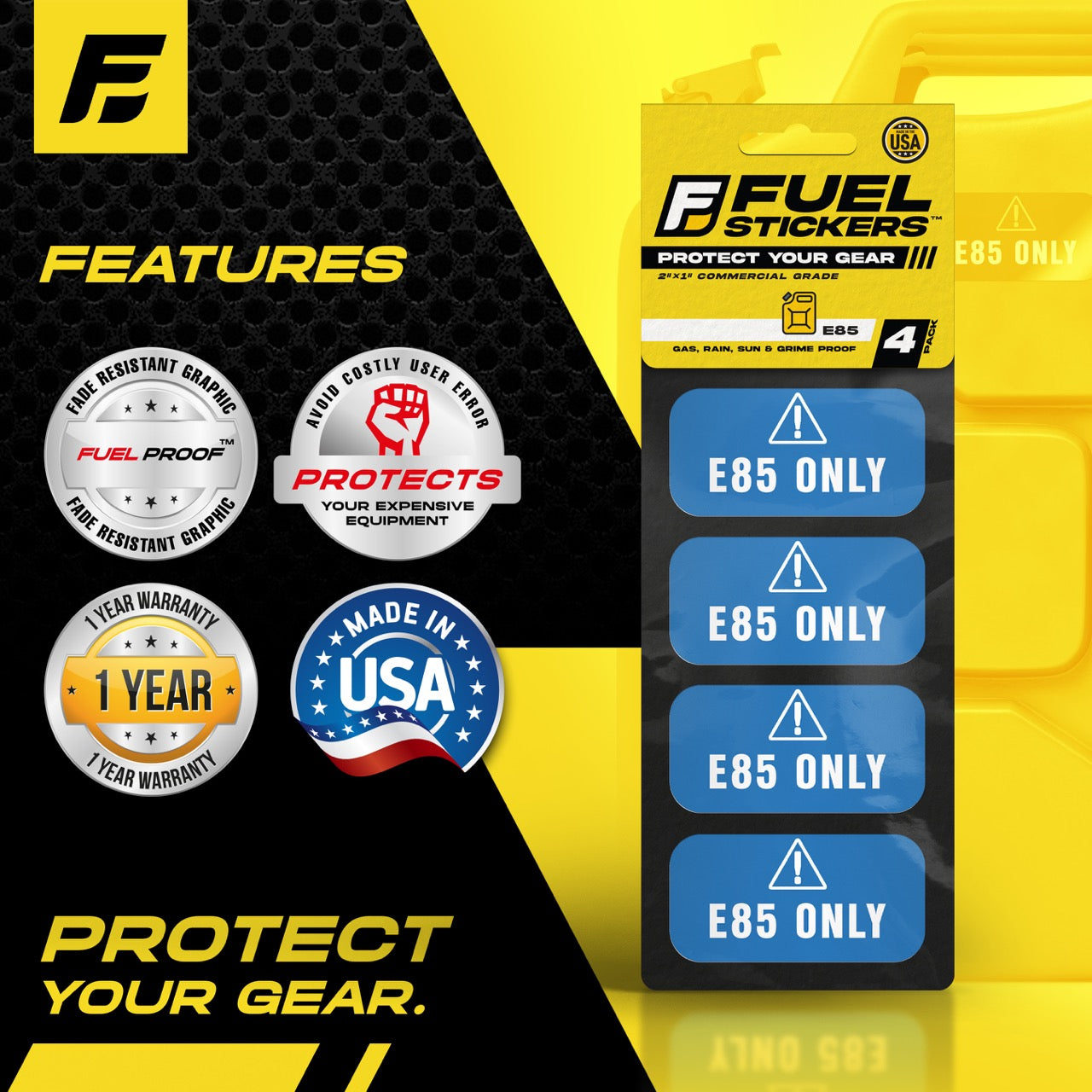 E85 Sticker - Flex Fuel Sticker | 2"x1" | 4 Labels | USA Made