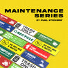 Image featuring various maintenance stickers, including wash rinse and sanitize, fire extinguisher, trash and recycle labels.