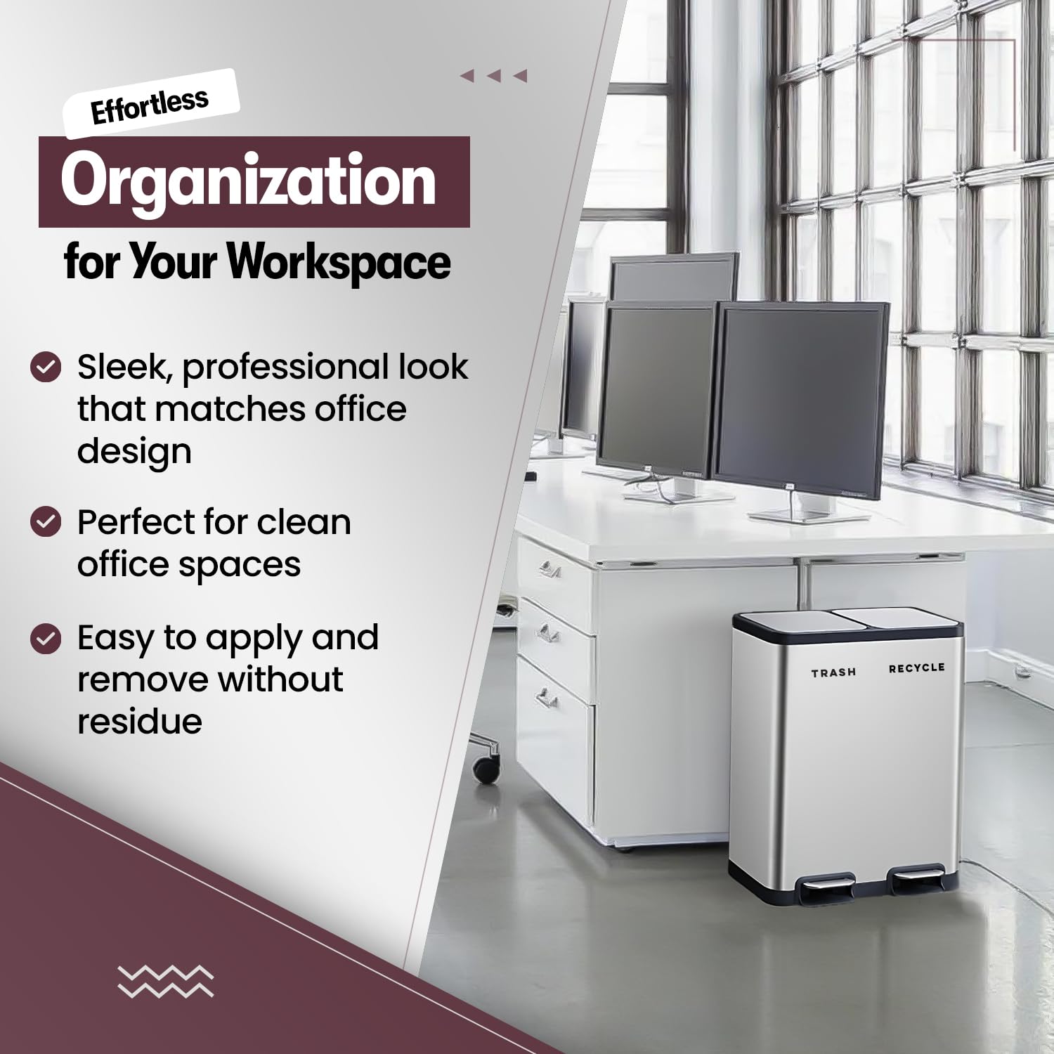 Waterproof trash and recycle stickers in sleek black, featuring small and large options for versatile indoor use.
