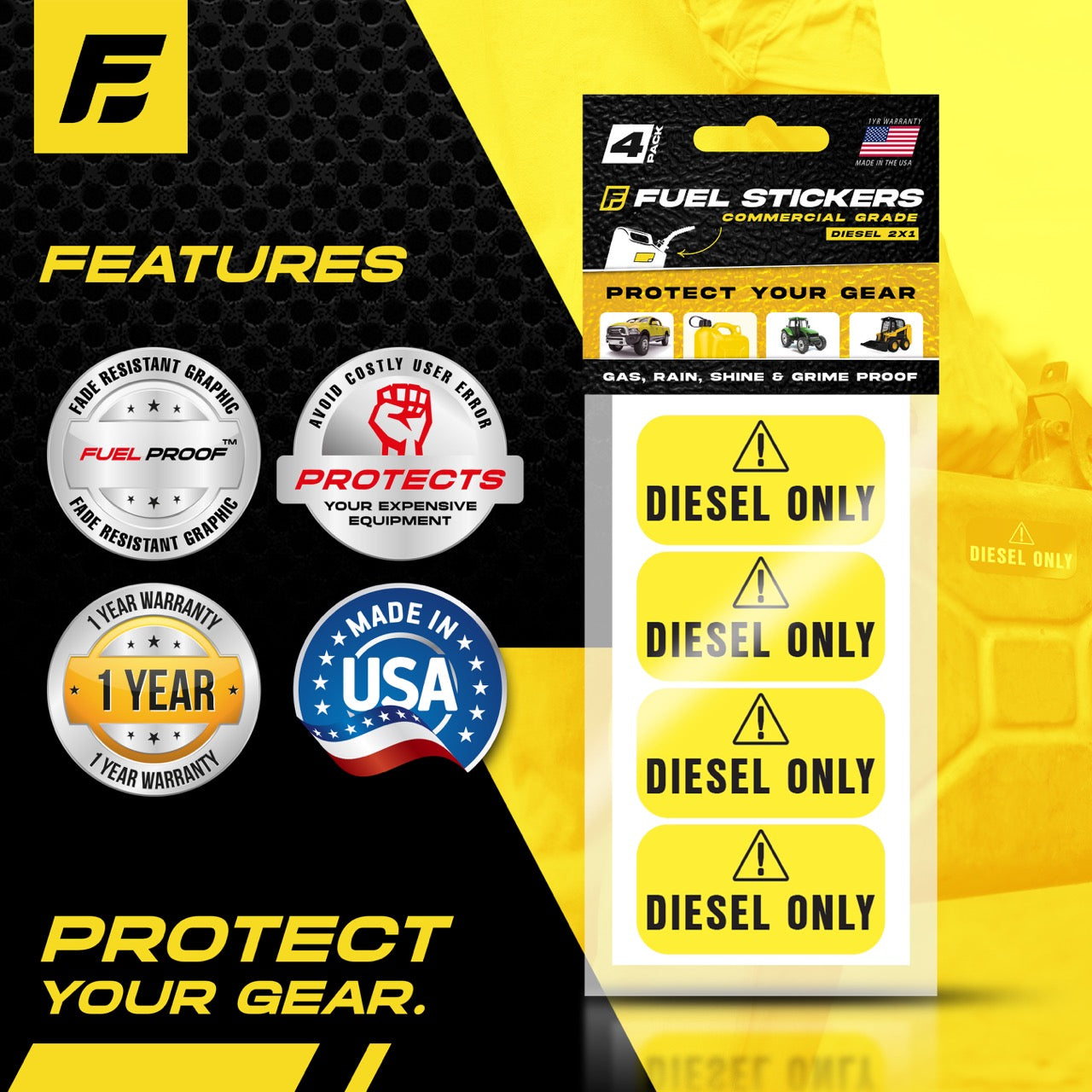 Diesel Fuel Only Sticker - Fuel Identification Labels by Fuel Stickers | 2"x1" | 4 Labels (Yellow)