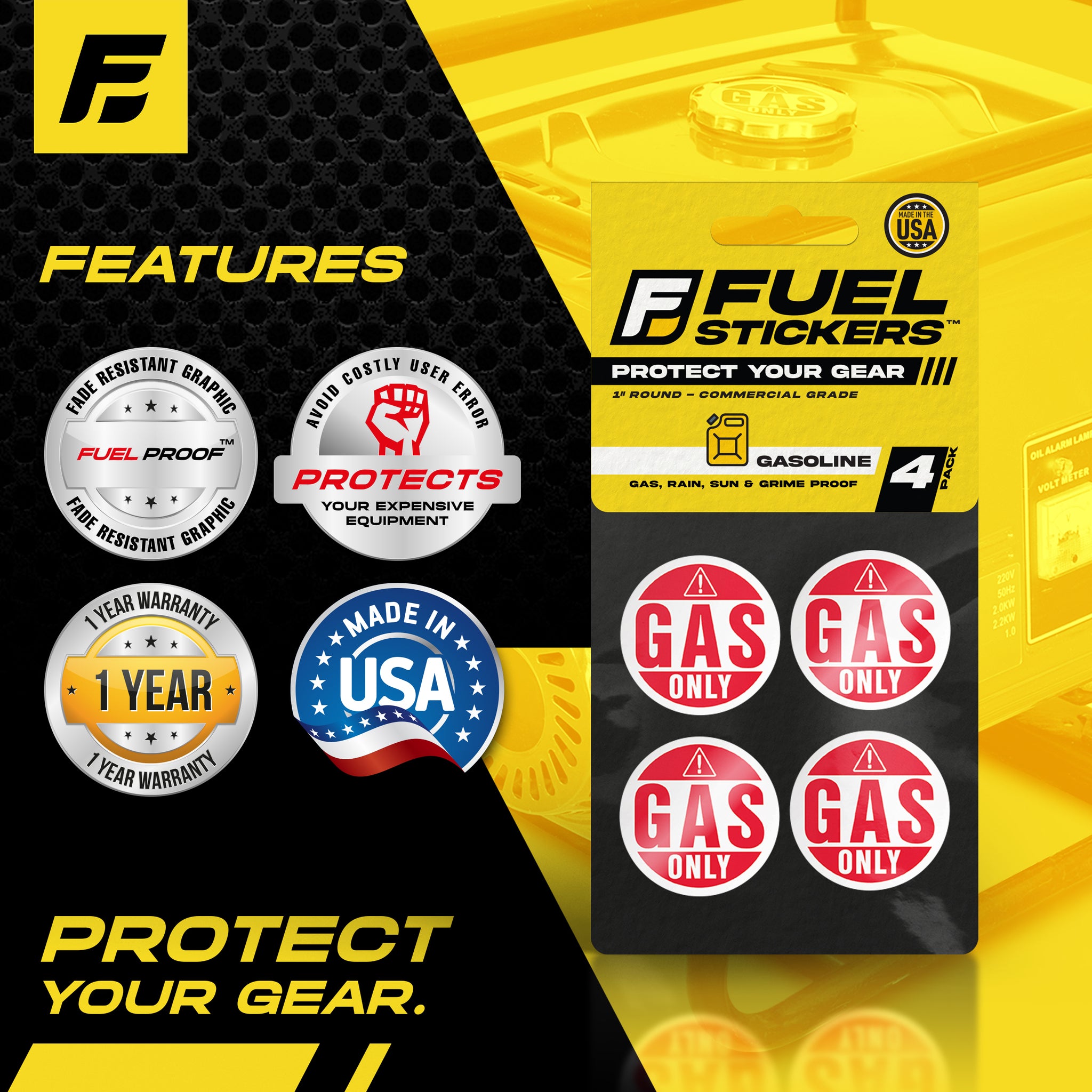 Gasoline Sticker | 1" Round | 4 Labels | USA Made