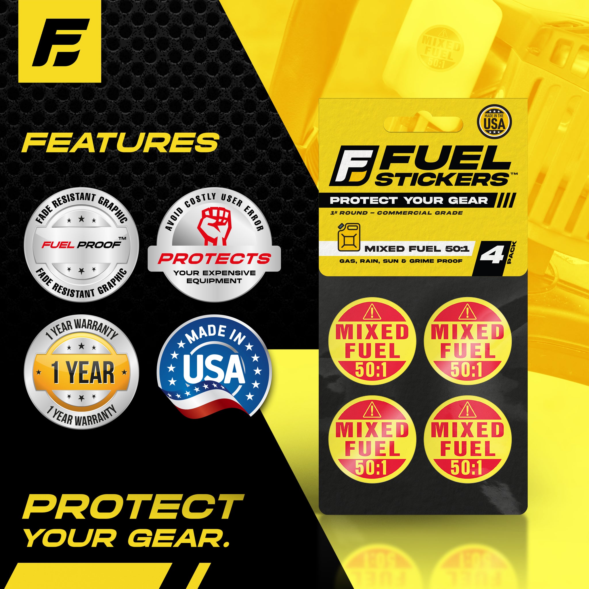 Mixed Gas Sticker 50:1 - Fuel Identification Label by Fuel Stickers | 1" Round | 4 Labels | USA Made