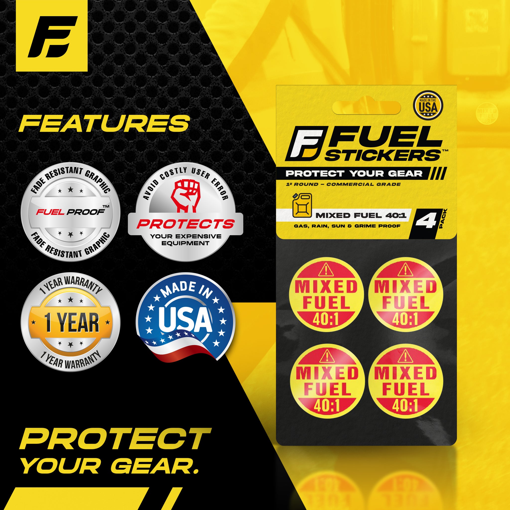 Mixed Fuel 40:1 Stickers | 1" Round | 4 Labels | USA Made
