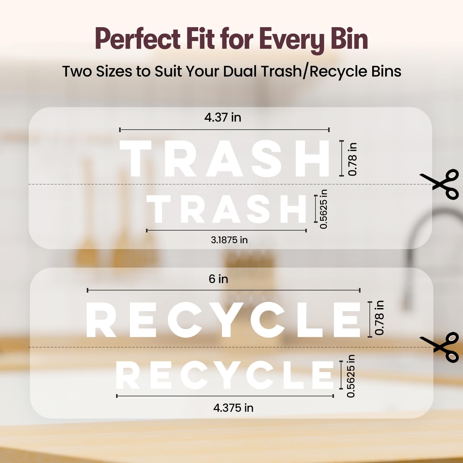 White waterproof trash and recycle labels in small and large sizes.