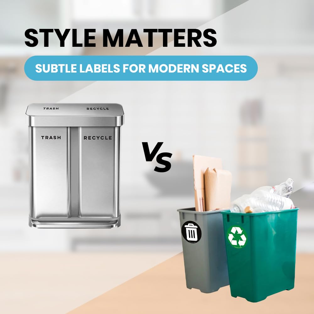 Black vinyl trash and recycle stickers, designed for long-term outdoor use.