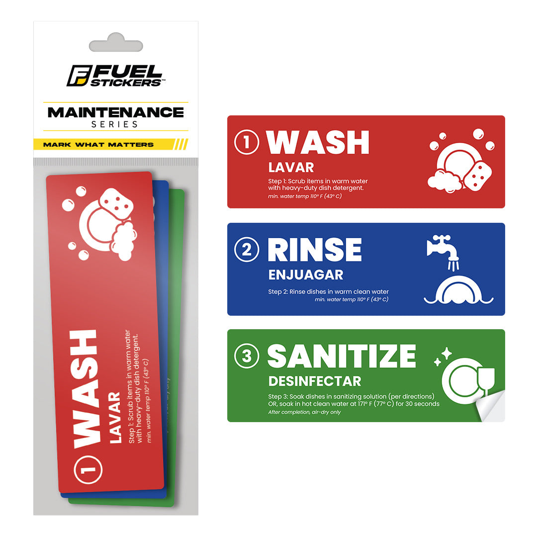 Wash Sticker Wash Rinse Sanitize Stickers - 3-Bay Sink Labels – FuelStickers.com