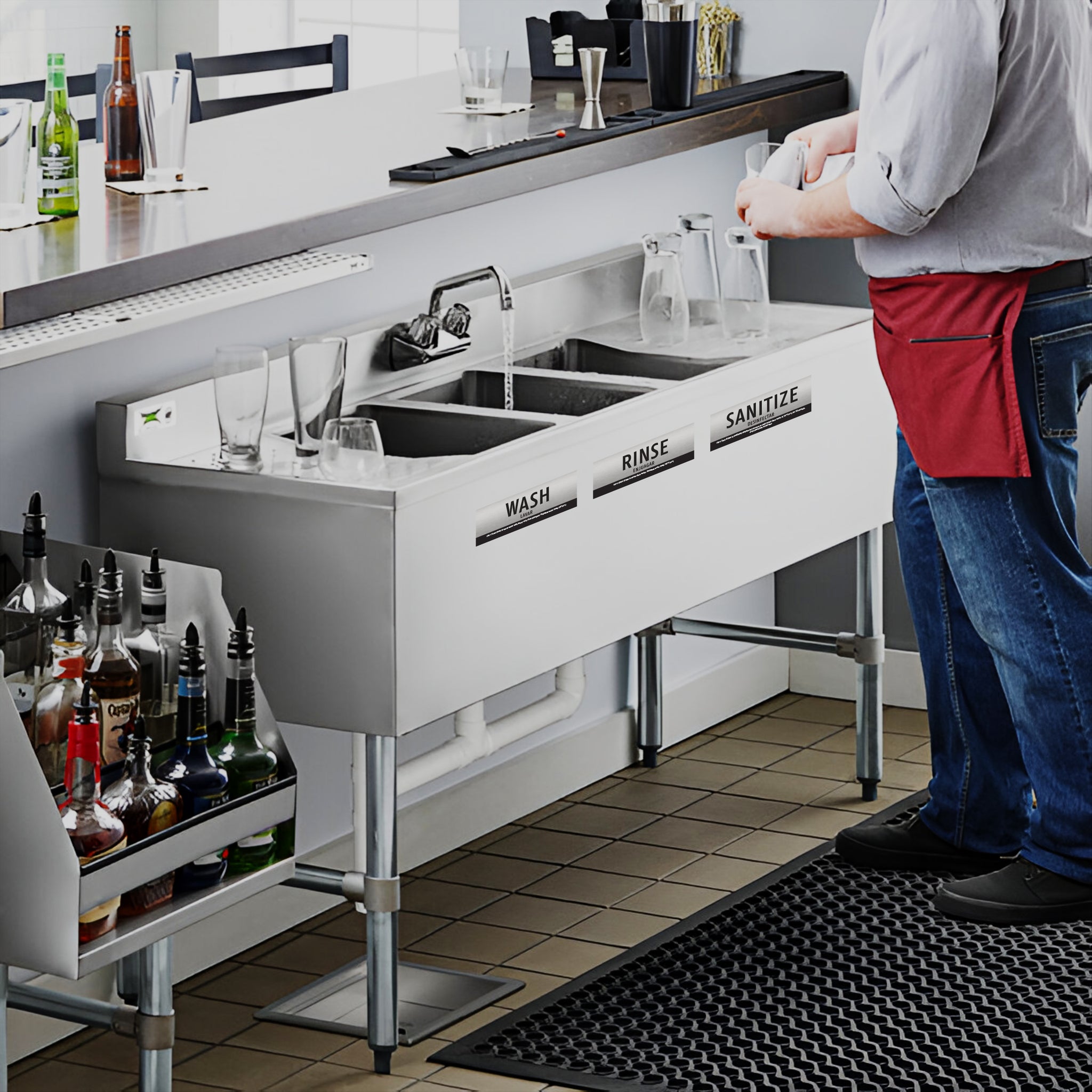 [Training-Enhanced] Wash Rinse Sanitize Sink Labels - Brushed